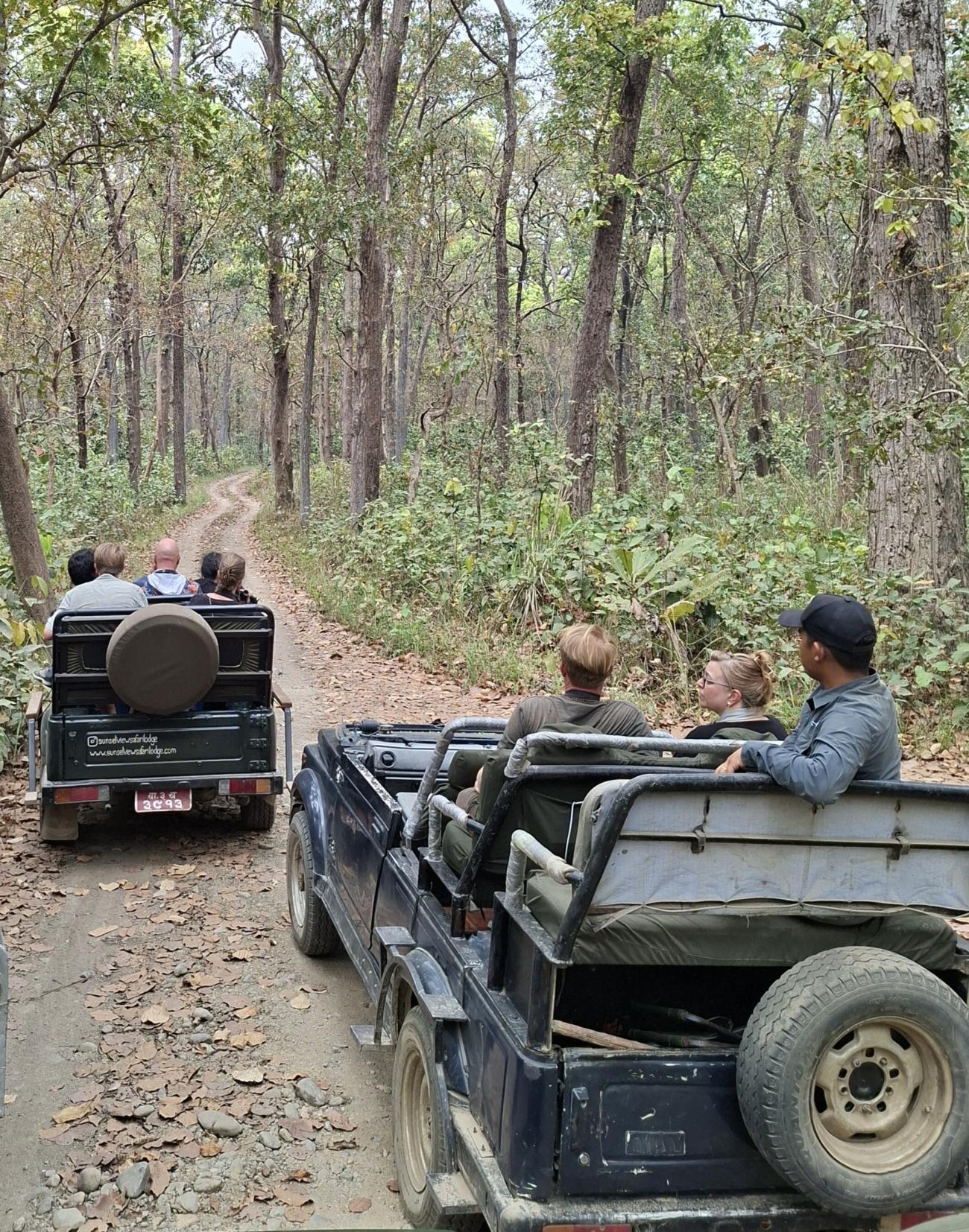 Two jeeps driving a trail in a forested area in Nepal